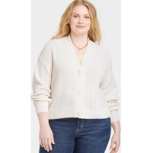 NWT Universal Thread Women's V-Neck Cream Button-up Sweater Knit Boho Preppy L